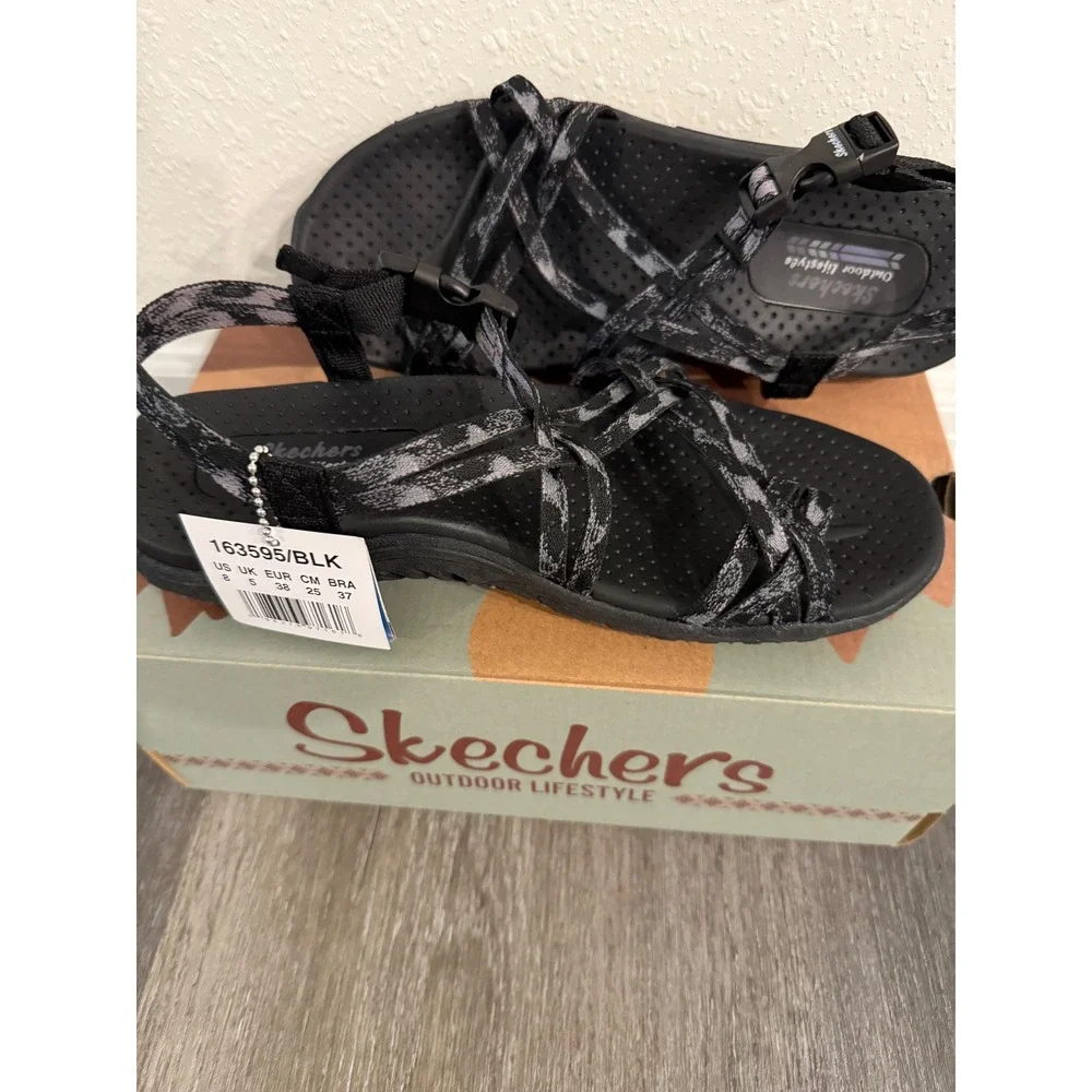 Skechers Reggae Positive Space Women 8 Black Trail Sandals 163595/BLK Vegan NEW